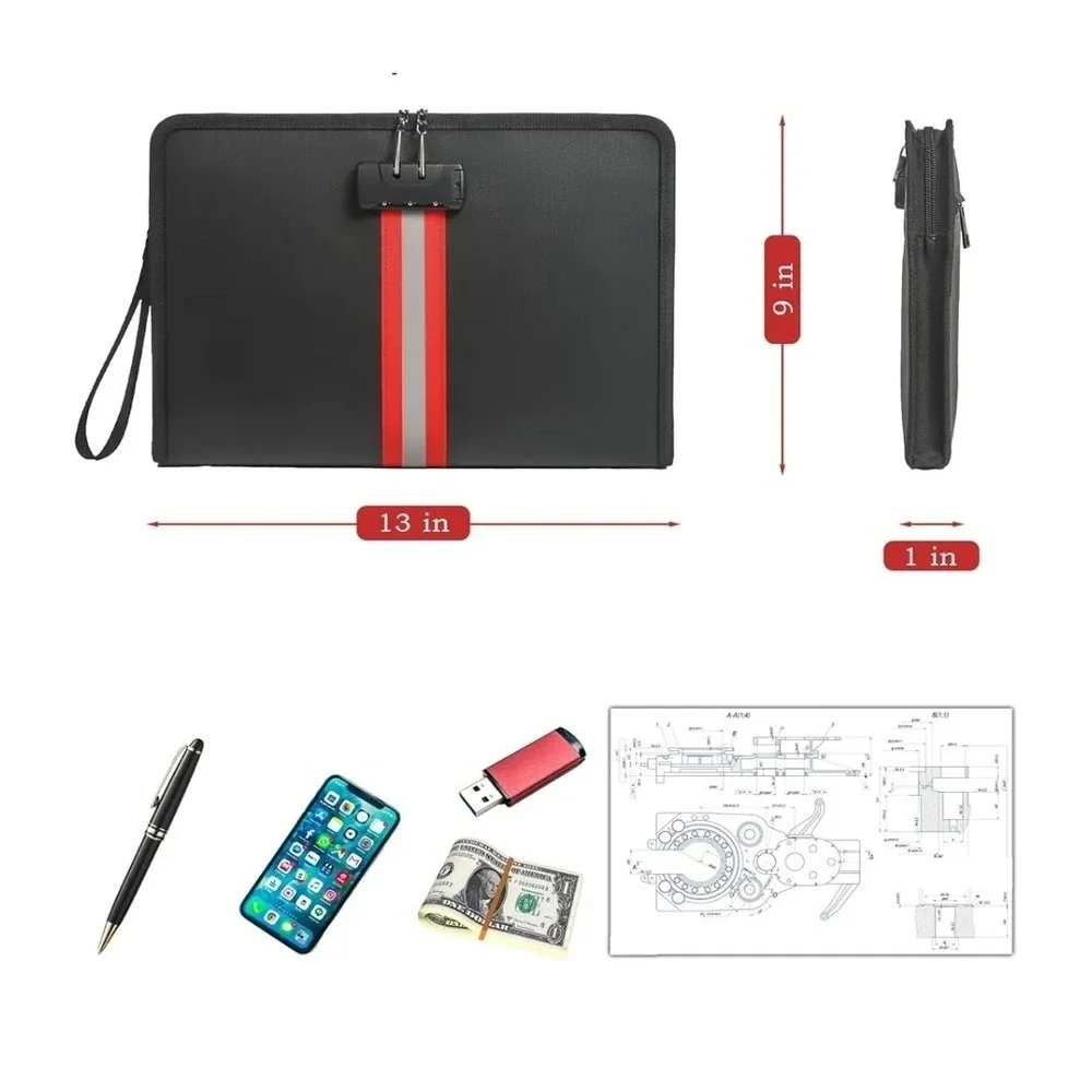 New fireproof and waterproof, locked, zippered bag, 9x13x1